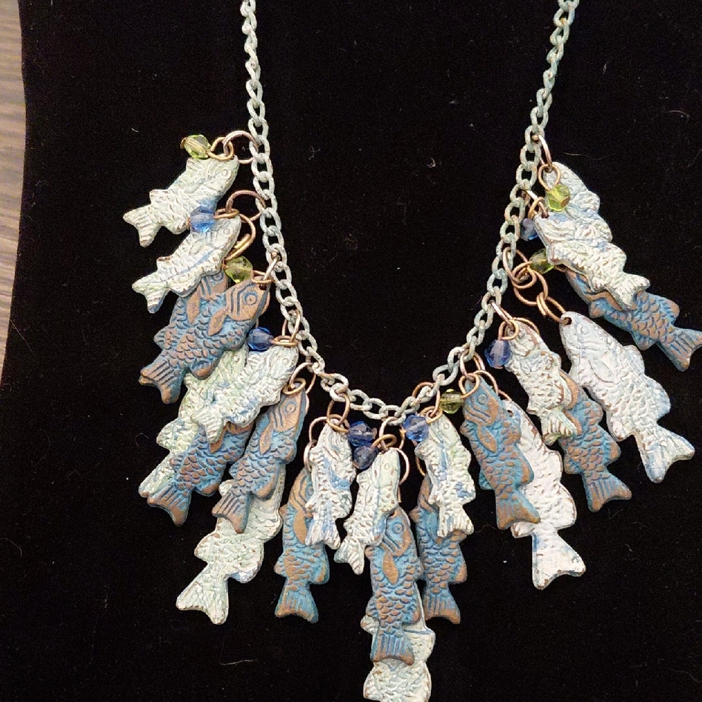 Aqua & Blue Fish Necklace Ooak Artisan